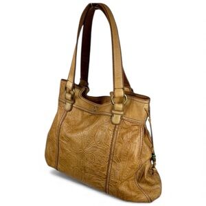 Lucky Brand Tooled Light Brown Leather‎ Tote Bag with a Beaded Ornament